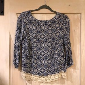 Blue and White Long-Sleeve Blouse